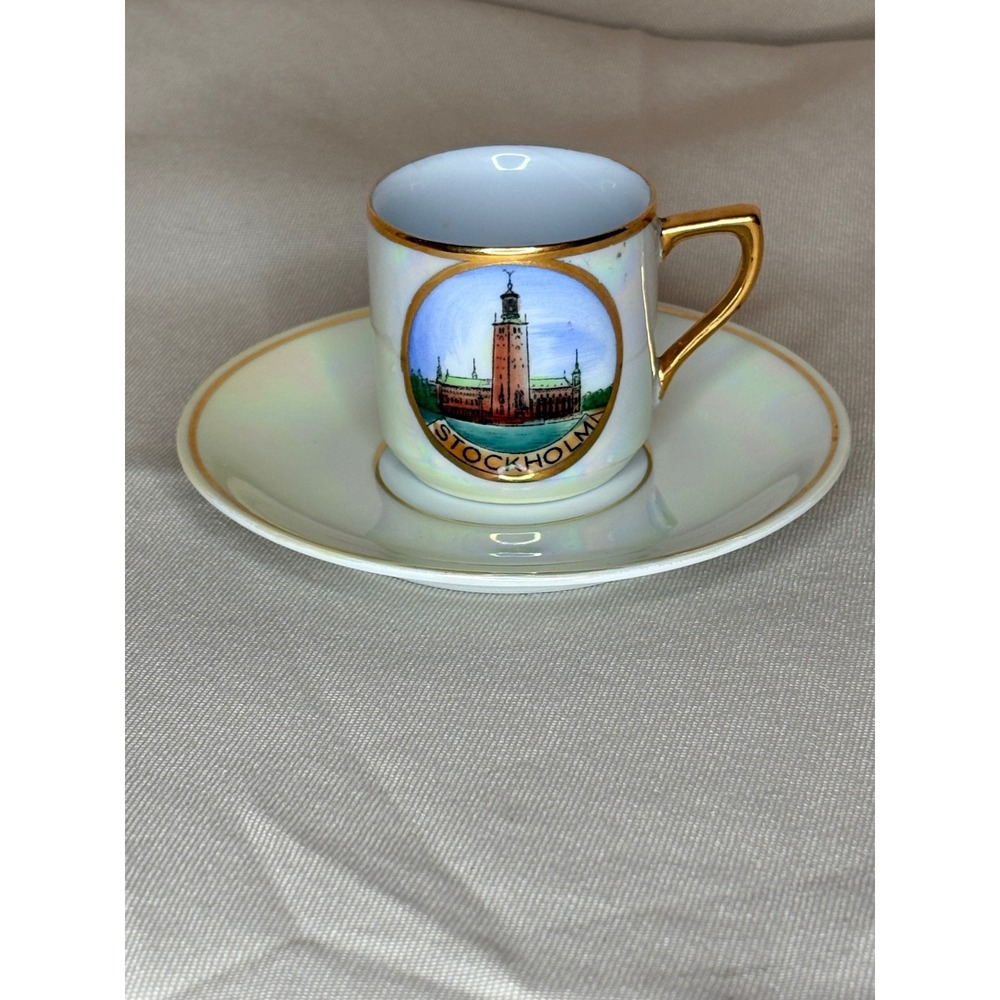 Vintage Stockholm Sweden Lusterware Demitasse Cup and Saucer Set Gold Trim